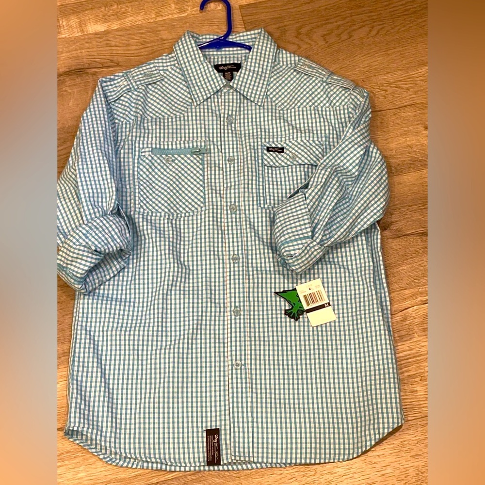 LRG Wovens Shirt Size Medium Boys Blue/White Plaid Button Up Sleeve Tabs